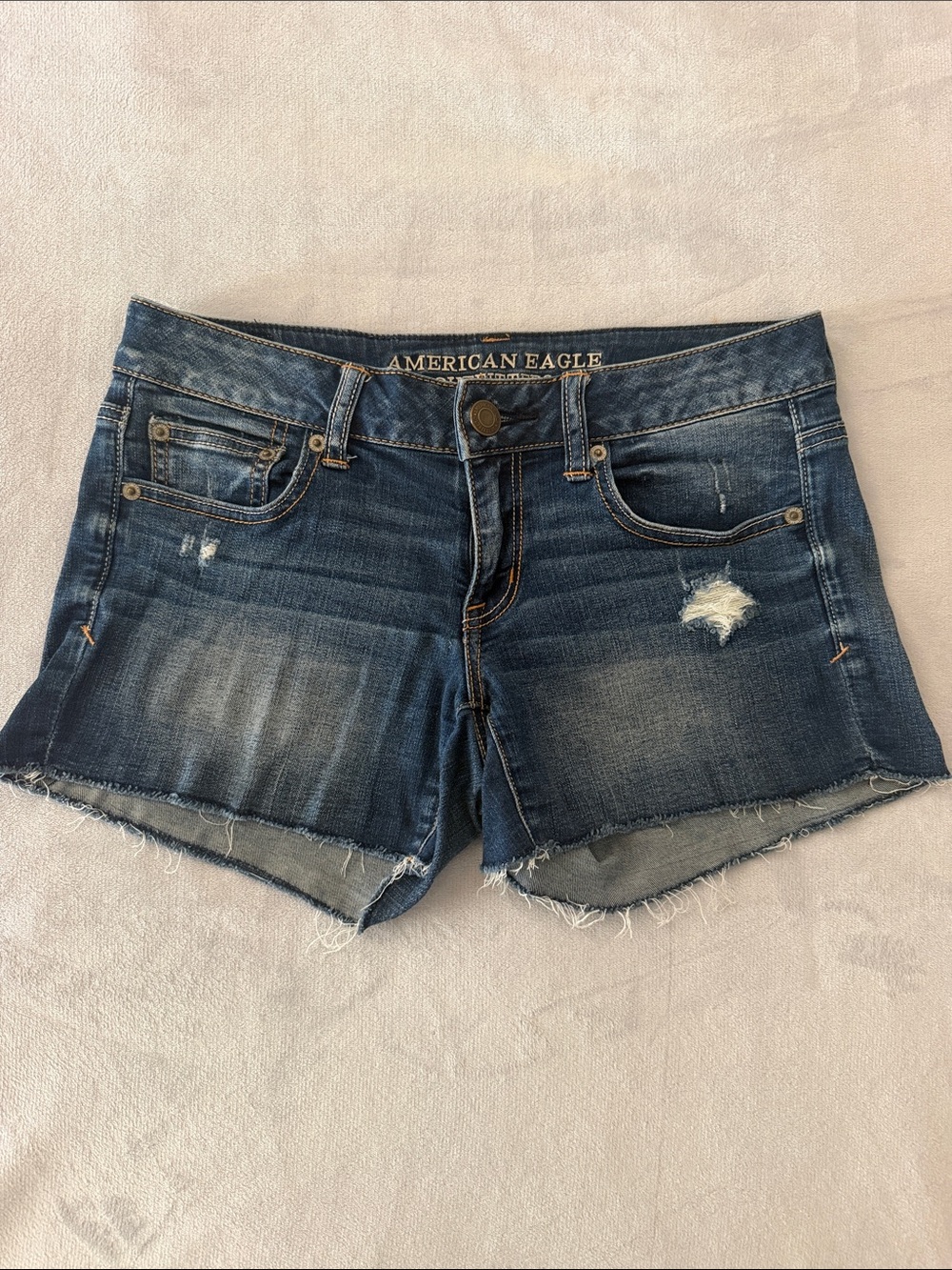 American Eagle Outfitters Women's Dark Blue Distressed Denim Shorts- Size 4